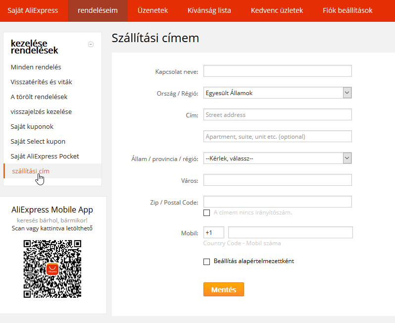 Aliexpress cím megadása